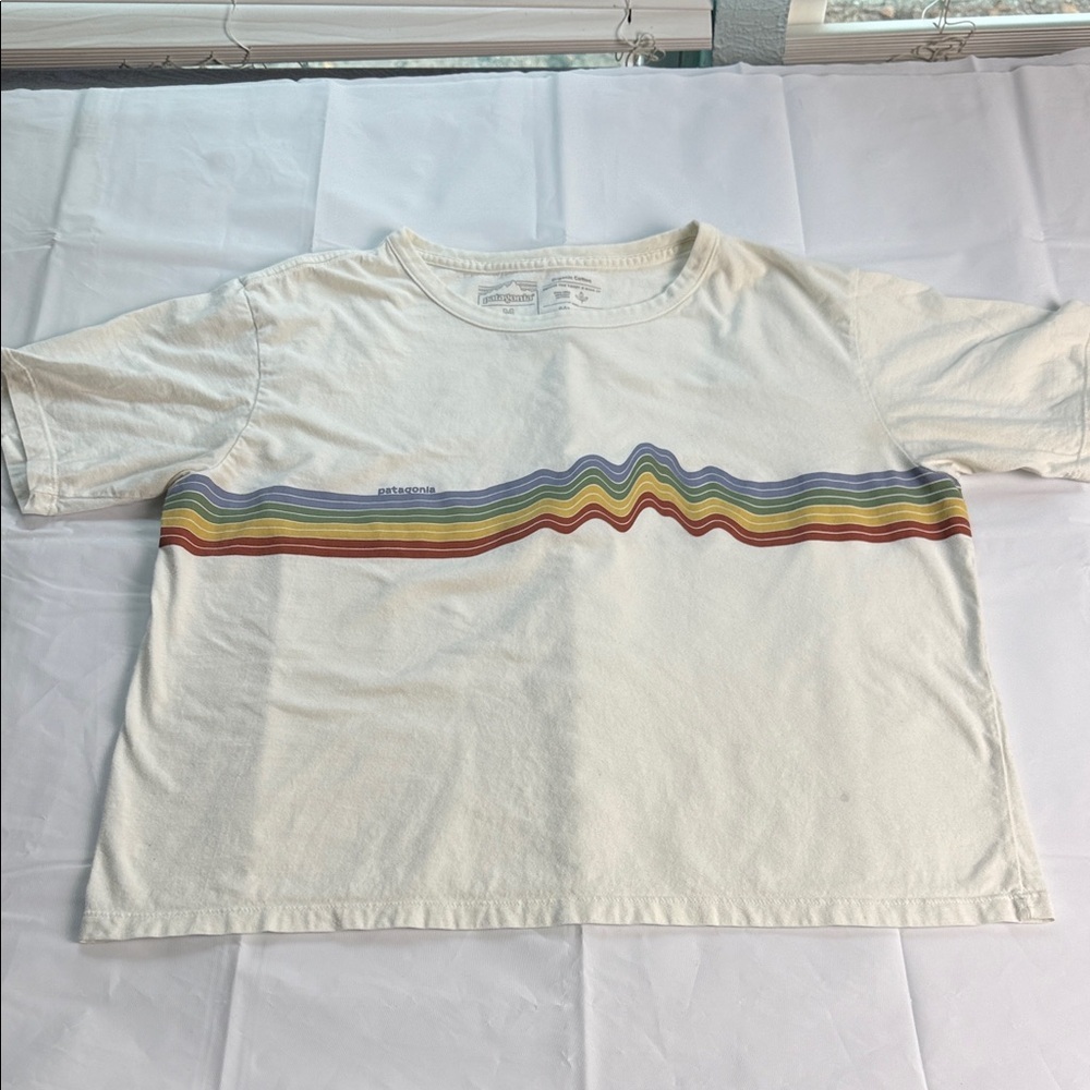Patagonia White Short Sleeve Tee with Rainbow Stripe
